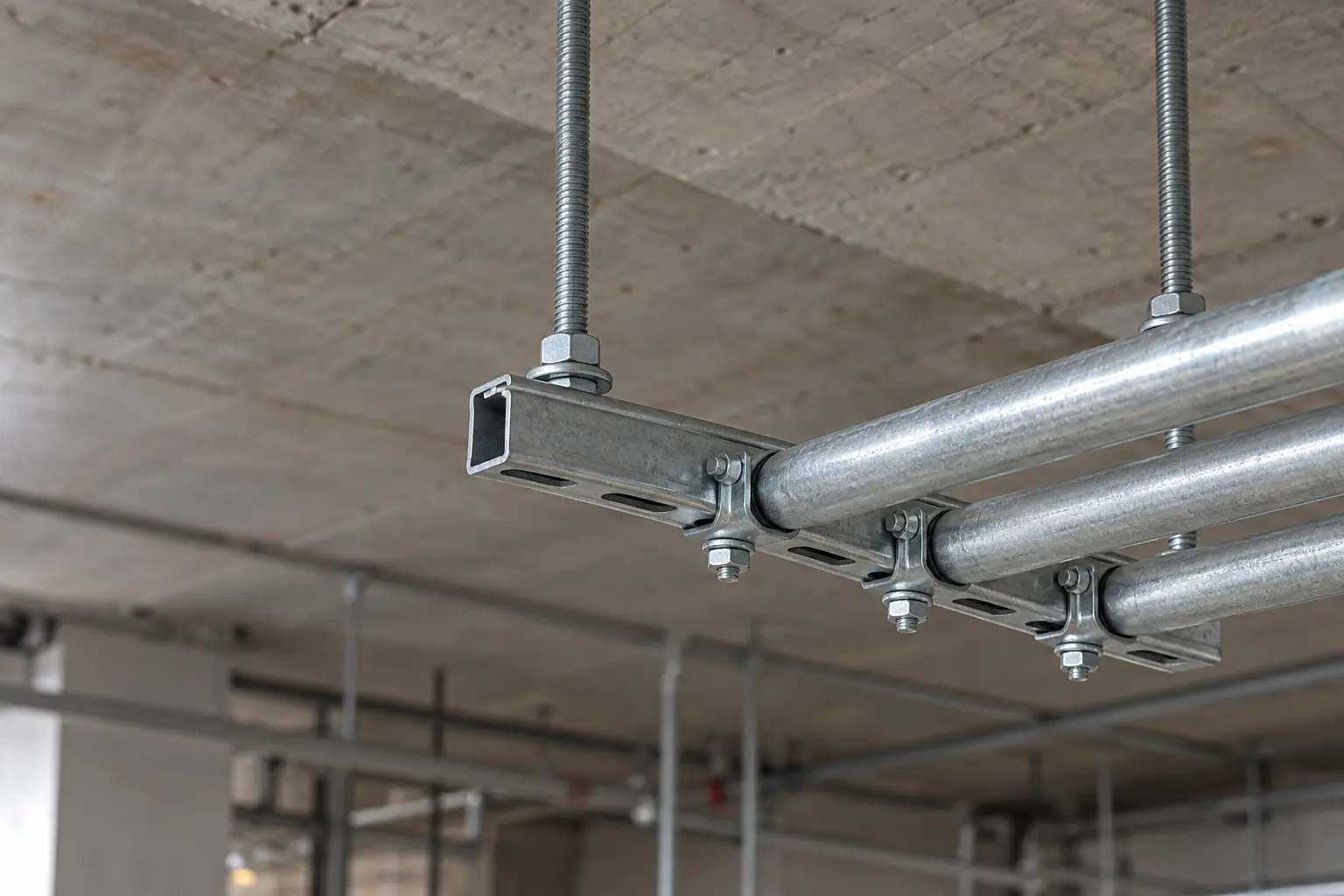 Strut channel trapeze carrying conduit, hung on all-thread rod